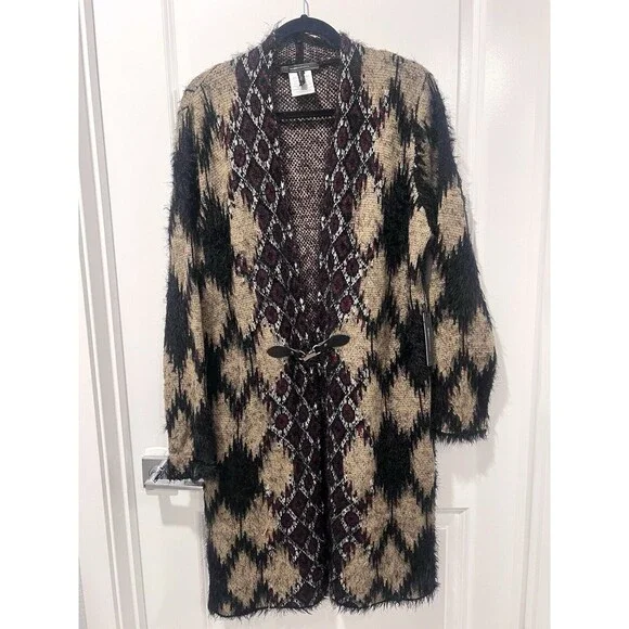 MAXSPORT BCBGMaxazaria Cardigan Sweater Open Front Long Black Tan Women Size Med - Picture 2 of 11